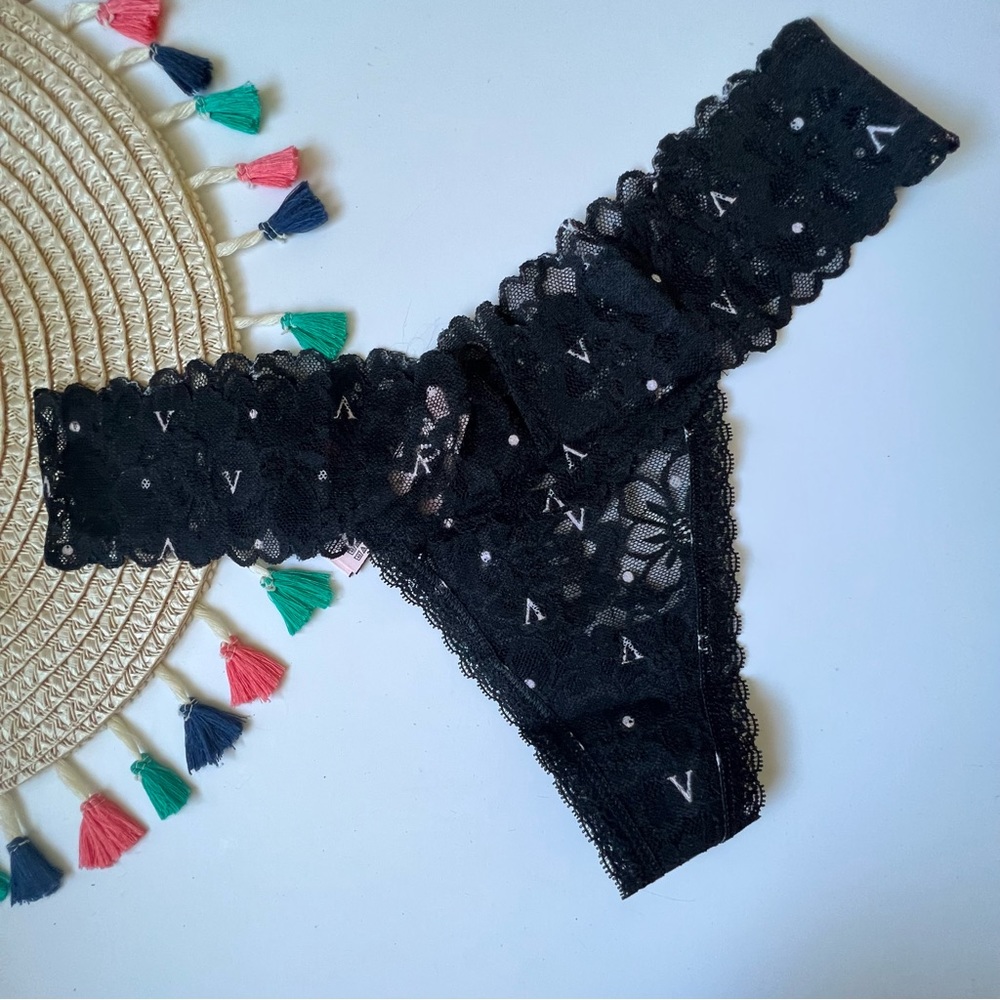 Victoria's Secret The Lacie Thong Panty Black w Dot Large NEW
